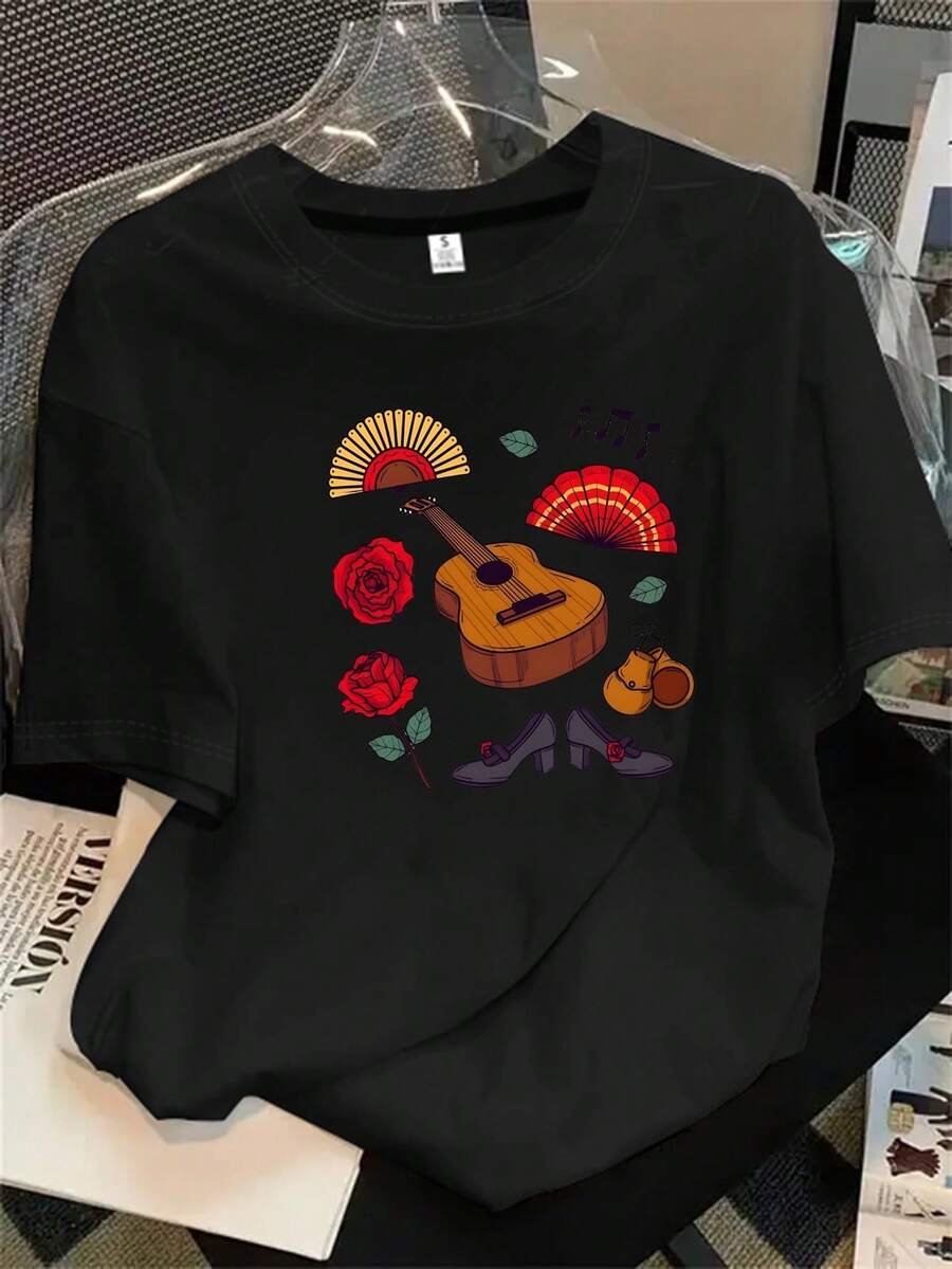 Camisa de mujer de manga corta y cuello redondo con estampado de guitarra, rosa, abanico y zapato, apta para todas las estaciones. - Negro - View 1