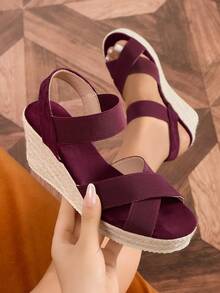 Damen Neue Mode Vielseitige Gewebte Kreuzriemen Bequeme Plateau Keilabsatz Sandalen, Burgunderrot,Sommerschuhe - Bordeaux - Übersicht 3