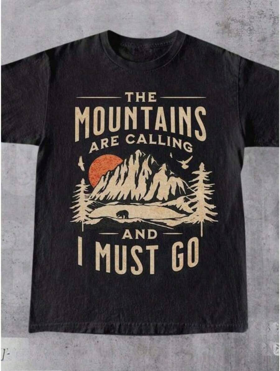 Camiseta unisex de manga corta estilo retro con estampado de montañas. Camiseta informal para hombre y mujer. - Negro - Ver 1