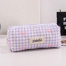 1pc Pencil Case With Ribbon And Plaid Pattern, Cool Style, Korean Back To School Design, School Supplies, Backpack, Stationery - Checkered Bow - View 7