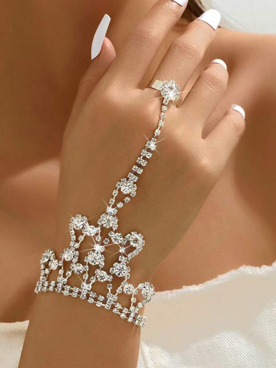 1pc Full Rhinestone Geometric Tassel Hand Chain Bracelet Ring Integrated Hand Jewelry For Women, Fashionable Luxury High-End