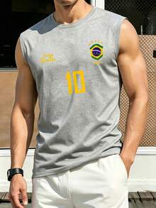 Men's Sports Tank Top, Retro Brazilian Football Jersey - Legendary Number 10, Casual Football Fan Outfit, Football Shirt, Regular Fit Sleeveless Fitness Wear, Soft And Comfortable Fabric - Grey - View 2