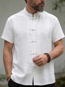 Camisa con cuello alzado con botón para hombres de moda, camisa informal de negocio de unicolor y estilo minimalista, adecuada para el estilo nacional elegante y sencillo, nueva camisa de manga corta para verano - Albaricoque - Ver 1