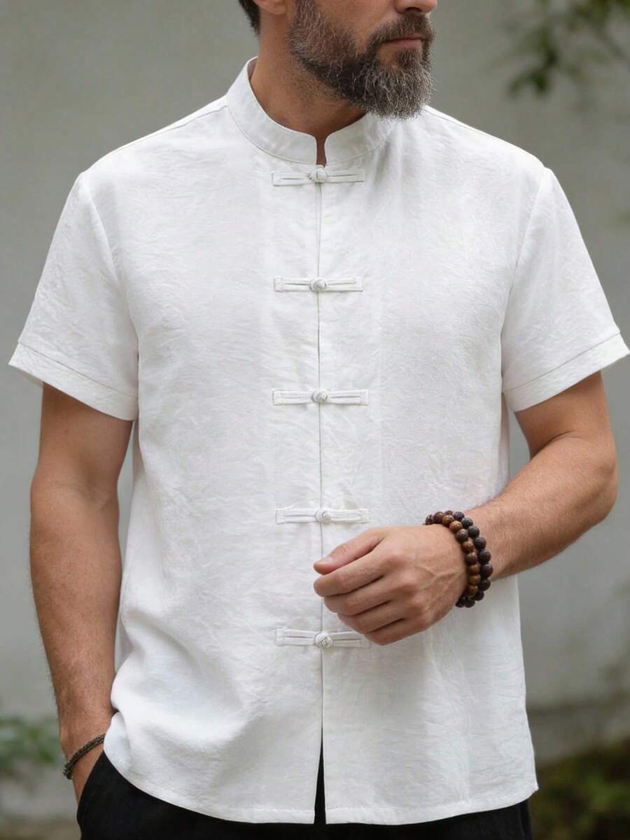 Camisa con cuello alzado con botón para hombres de moda, camisa informal de negocio de unicolor y estilo minimalista, adecuada para el estilo nacional elegante y sencillo, nueva camisa de manga corta para verano - Albaricoque - Ver 1