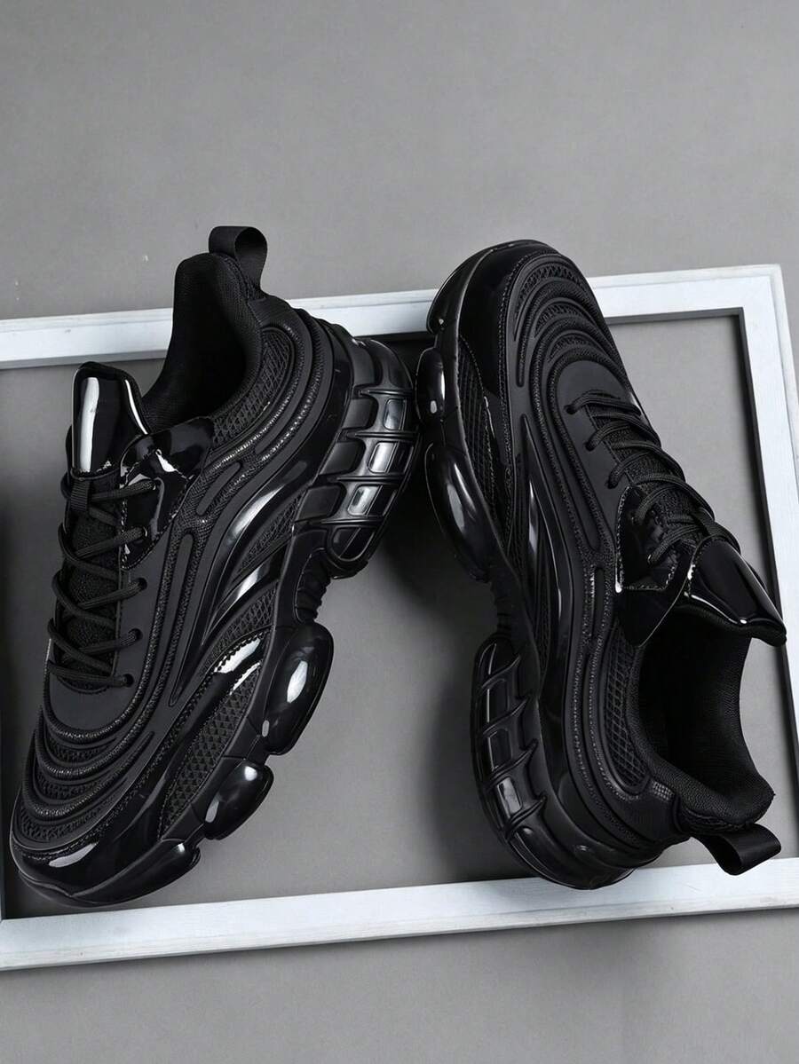 Men's 2026 Newest All Black Thick Sole Chunky Sneakers, Height Increasing Shock Absorbing Breathable Mesh Sports Shoes, Streetwear Versatile Men's Shoes, Leather PU Mesh Splicing Marathon Running Shoes, Men's Plus Size 46 Shoes, Youth Handsome Men's Shoes - Black - View 1