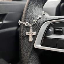 1pc Silver Plated Cross Rhinestone Car Steering Wheel Charm, Gothic Y2K Style Sparkly Crystal Inlaid Ornament, Embossed Cross Pendant Chain, Aesthetic Bling Interior Decoration For Women, Auto Accessory For Daily Driving - A - View 3