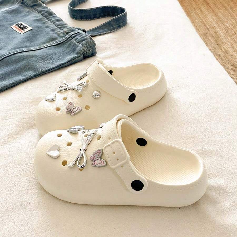 夏季甜美女孩Ins風厚底穆勒涼鞋,蝴蝶結裝飾,休閒舒適百搭,適合居家與戶外穿著的沙灘涼鞋 - 白色 - 查看 1