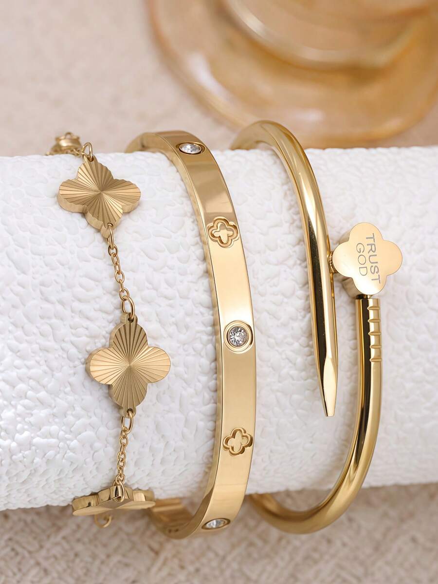 Set Perhiasan Stainless Steel Gaya Komuter Modis 3pcs/1pc, Dengan Desain Daun Semanggi, Cocok Untuk Wanita Saat Berpergian atau Pemakaian Sehari-hari, Juga Hadiah yang Bagus Untuk Teman - Yellow Gold - View 1