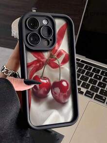 1件酒紅色浪漫蝴蝶結櫻桃全包覆TPU防震手機殼，適用於Apple 16 15 14 13 12 11 Pro Max - 彩色 - 查看 1
