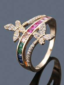 1pc Elegant Design Double Butterfly Colorful Zirconia Ring For Women, Recommended For Party, Vacation And Travel - Ring - View 8
