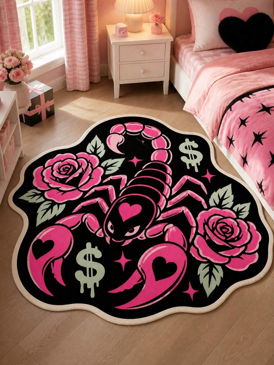 1pc Pink Rose Skull Rug, Soft Plush Floor Mat, Bedroom Living Room Decor, Thickened Carpet, Autumn/Winter Carpet, Small Rug, Home Decor, Bedroom Rug, Living Room Rug, Washable Rug, Area Small Rug, Room Decor - Multicolor - View 1