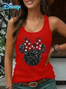 Disney Official Authorization | Women's Casual Round Neck Sleeveless Vest. Featuring Minnie, Paired With Sparkling Texture Polka Dot Bow Elements, Exquisite And Eye-Catching. It Is An Eye-Catching Item For Theme Park Dressing And An Ideal Choice To Add Vitality And Atmosphere. - 紅色 - 查看 1