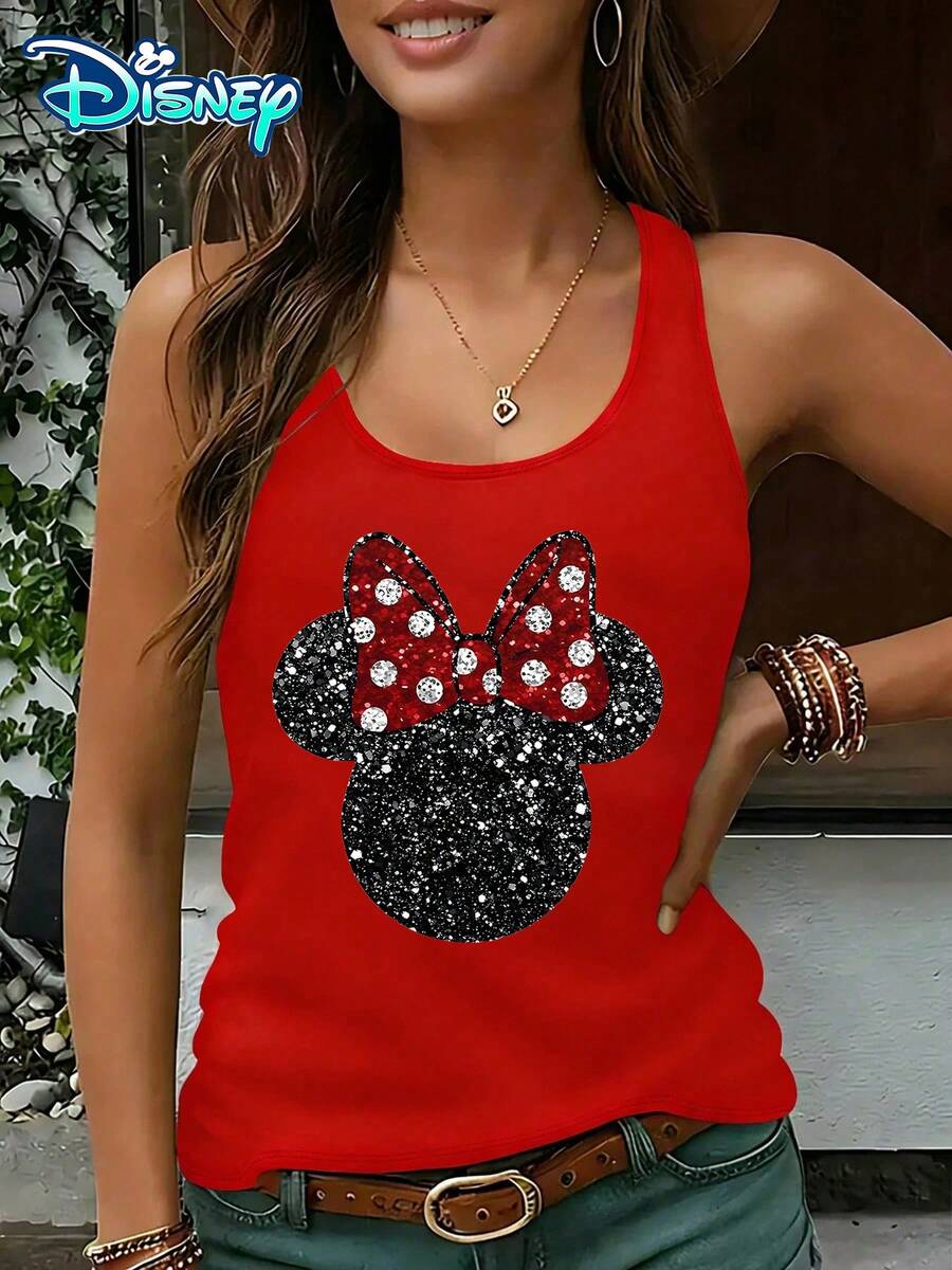 Disney Official Authorization | Women's Casual Round Neck Sleeveless Vest. Featuring Minnie, Paired With Sparkling Texture Polka Dot Bow Elements, Exquisite And Eye-Catching. It Is An Eye-Catching Item For Theme Park Dressing And An Ideal Choice To Add Vitality And Atmosphere. - 紅色 - 查看 1