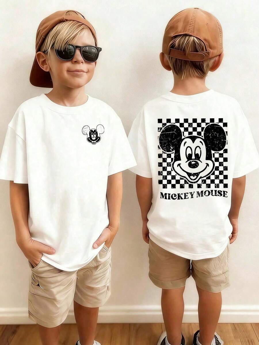 Kids' Disney Mickey Mouse T-Shirt, Featuring Small Vintage Mickey Print On The Chest And Large Checkerboard Mickey With "Mickey Mouse" Text On The Back, White Casual Cotton Short Sleeve Tee For Fans, Ideal For Disney Trips, Family Matching Outfits And Retro Disney Lovers - 白色 - 查看 1