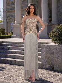 New Fashionable Sexy Heavily Fringed Rhinestone Spaghetti Strap Backless Dress, Elegant Ladies Wedding Guest Party Gown - Apricot - View 4