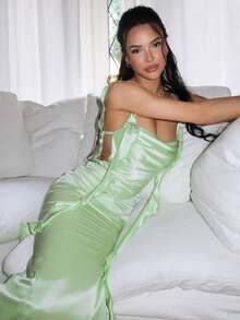 Vestido tirantes bordado espalda descubierta con volantes y cintas, moda veraniega para uso diario y fiestas elegantes - Verde - Ver 8
