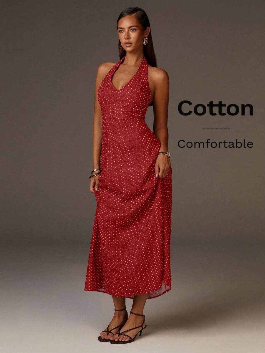 xheAthîral Vestido casual de vacaciones para mujer con cuello halter, sin mangas y hombros abiertos, de unicolor y elegante, adecuado para citas, fiestas y salidasxhe - Rojo - Ver 1