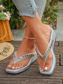 NIPAXO Sandalias de cuña con plataforma para mujer, de verano y para exteriores, chanclas de moda, cómodas y sin fatiga, brillantes, elegantes, ligeras, para reuniones al aire libre, uso diario, bodas, playa, viajes, ocio y entretenimiento, estilo bohemio, - Plateado - Ver 7