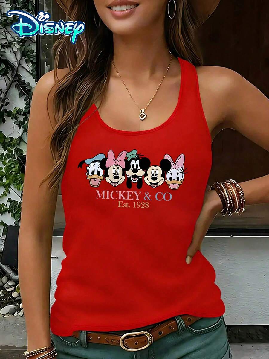 Disney Official Authorization | Women's Casual Round Neck Sleeveless Vest. Featuring Mickey, Minnie, Donald Duck, Daisy, And Goofy, Paired With Retro  Lines, It Is Simple Yet Classic. It Is A Basic Item For Daily Dressing And An Ideal Choice For Matching Clothes With Friends. - Đỏ - Xem 1