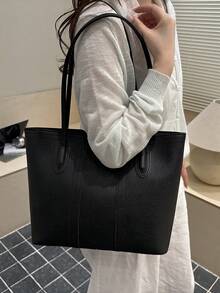 New Arrival Luxury Solid Color Versatile Women Shoulder Tote Bag - Black - View 6