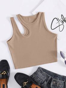 Tank Top De Ocio En Tejido De Punto Acanalado Con Hombros Descubiertos Para Verano - Caqui - Ver 1