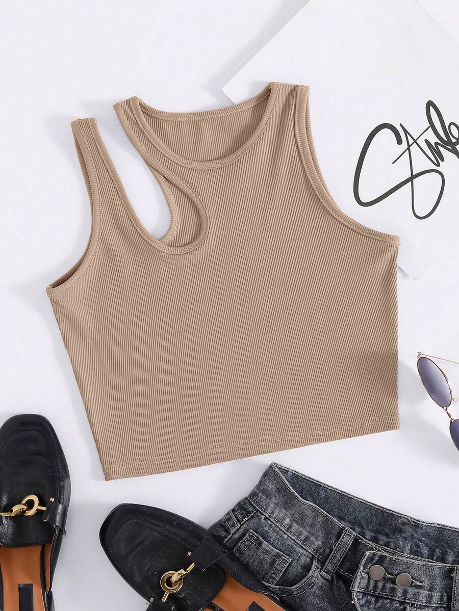 Tank Top De Ocio En Tejido De Punto Acanalado Con Hombros Descubiertos Para Verano - Caqui - Ver 1