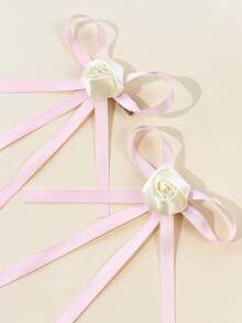 2pcs/Set Women's Pink Ribbon White Rose Flower Bow Hair Clips, Suitable For Any Occasion,Hair Slide - Pink White - View 3