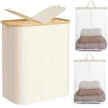 1 pièce Panier à linge à double couche avec couvercle, panier à linge grande capacité, comprend 2 sacs à linge amovibles, pliable, convient pour la buanderie, la salle de bain, le dortoir, rangement pratique à la maison, fournitures scolaires, décoration, organisation du rangement, peut contenir pantalons, chaussures, jeans, bottes, jupes et autres vêtements - Gris - Voir 14
