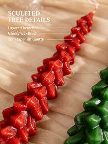 Set de 2 velas de árbol de Navidad, decoración navideña roja y verde. Velas realistas vintage hechas a mano reutilizables con brillo para mesa festiva, repisa de chimenea, sala de estar, decoración del hogar interior. Regalo de Feliz Navidad y Año Nuevo. Árboles artificiales rústicos de Navidad de invierno. - Vela larga cónica con forma de árbol de Navidad en 3D - Ver 9