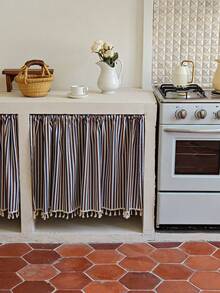 1pc Boho Pattern Cabinet Cover Curtain - Fringed Tassel Decor ,No Curtain Rod Included, Retro Pastoral Romantic Style Pattern Semi Blackout Beige Tassel Window Curtains, Rod Pocket Classic Cafe Country Farmhouse Kitchen Curtains - Blue, White and Brown Stripes - View 3