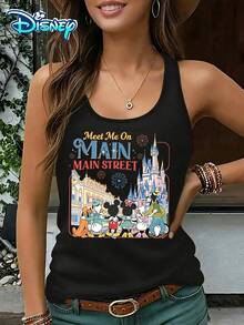 Disney Official Authorization | Women's Casual Round Neck Sleeveless Vest. The Main Street Meets As The Theme, Paired With Mickey, Minnie, And Castle Architectural Elements, Creating A Strong Atmosphere. It Is A Versatile Item For Theme Park Check-In And An Ideal Choice For Recording Happy Moments. - màu đen - Xem 1