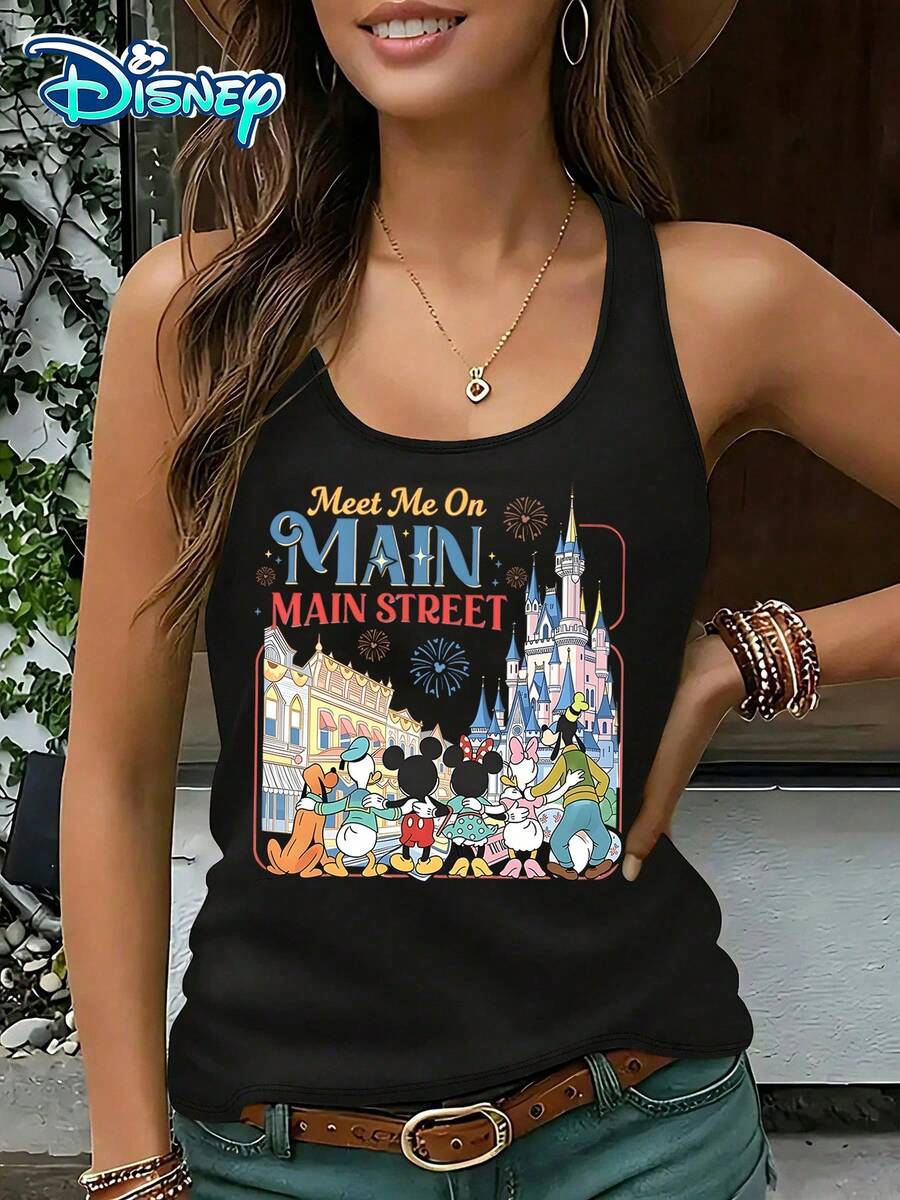 Disney Official Authorization | Women's Casual Round Neck Sleeveless Vest. The Main Street Meets As The Theme, Paired With Mickey, Minnie, And Castle Architectural Elements, Creating A Strong Atmosphere. It Is A Versatile Item For Theme Park Check-In And An Ideal Choice For Recording Happy Moments. - màu đen - Xem 1