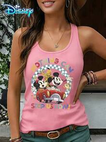 Disney Official Authorization | Women's Casual Round Neck Sleeveless Vest. Featuring A Retro Style, Paired With Mickey, Minnie, And Vintage Car Prints, It Is Lively And Eye-Catching. It Is A Must-Have Item For Daily Wear And An Ideal Choice For Creating A Personalized Look. - 粉色 - 查看 1