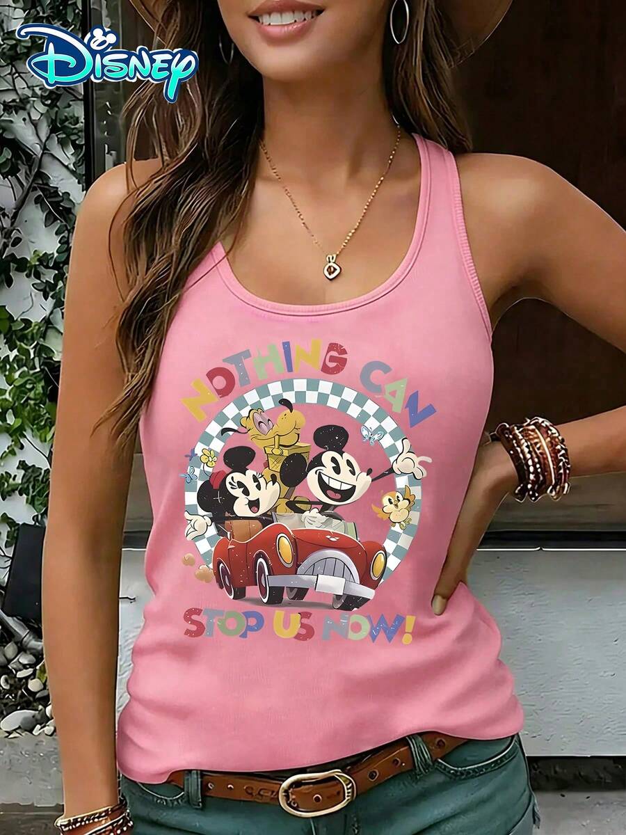 Disney Official Authorization | Women's Casual Round Neck Sleeveless Vest. Featuring A Retro Style, Paired With Mickey, Minnie, And Vintage Car Prints, It Is Lively And Eye-Catching. It Is A Must-Have Item For Daily Wear And An Ideal Choice For Creating A Personalized Look. - 粉色 - 查看 1