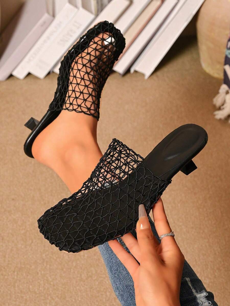 女款細帶拼接配色夾腳拖鞋，小貓跟方頭夾腳涼鞋，性感時尚舒適派對休閒沙灘涼鞋