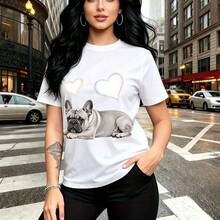 Camiseta de mujer con estampado de bulldog francés gris y corazones blancos - diseño casual de manga corta, ajuste cómodo y fresco para el clima cálido de México - estilo urbano perfecto para pasear por la ciudad o salir con amigos - regalo ideal par - Blanco - Ver 11