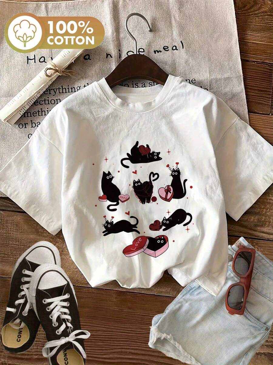 Cute Y2K Summer Top. 1pac. Cute Y2K Summer Top. 100% Cotton Graphic Print T-Shirt, Short Sleeve, Crew Neck, Casual Top For Summer And Spring, Women's Clothing. Perfect For A Casual Look. - 白色 - 查看 1