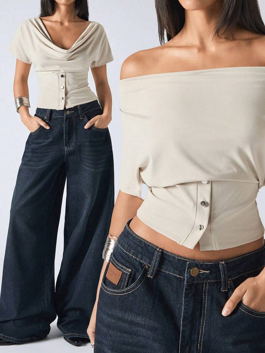 2026 Nueva Camiseta de Mujer Minimalista de Primavera/Verano de Puro Azul Marino de Manga Corta, Ajustada, de Cuello Redondo, Moda Casual, Top para Exteriores, Ropa de Carnaval, Atuendo de Vacaciones de Verano - Albaricoque 2 - Ver 1
