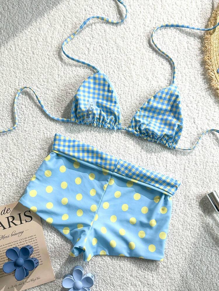 Women's Plaid & Polka Dot Print Halter Bikini Swimsuit, Suitable For Dating, Afternoon Tea, Vacation, Music Festival, Back To School, Outing, Spring/Summer 26 - Yellow Blue - View 4