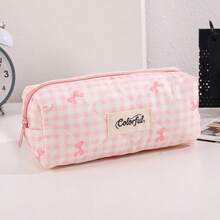 1pc Pencil Case With Ribbon And Plaid Pattern, Cool Style, Korean Back To School Design, School Supplies, Backpack, Stationery - Checkered Bow - View 10