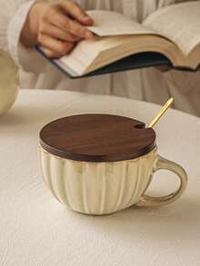 Vintage Vertical Ribbed Ceramic Breakfast Cup 430ml / 14.5oz Large Capacity Wide Mouth Milk Oatmeal Soup Coffee Mug With Handle, Single Cup Or Wooden Lid + Gold Spoon Set, Wabi-Sabi Aesthetic Tableware, Suitable For Home Kitchen, Office Daily Use, Holiday Gifts - Fangjuhuang - View 9