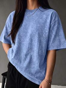 Women's Fashionable Washed Loose Short Sleeve T-Shirt | Exquisite Design | Summer Essential | Easy To Match | Showcase Your Style - Baby Blue - View 2