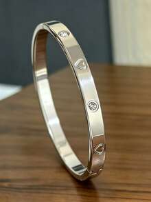 3/1 Piece New High-Quality Stainless Steel 18K Gold-Plated Women's Jewelry Bangle Set / Sparkling Crystal Heart-Shaped Zirconia Women's Jewelry Set, Copper Inlaid Synthetic Zirconia Open Yellow Gold Women's Jewelry, Fashionable Women's Daily Wear Bracelet Set, Perfect Gift For Festivals/Summer/Beach/Vacation/Girlfriend - Silver - View 5