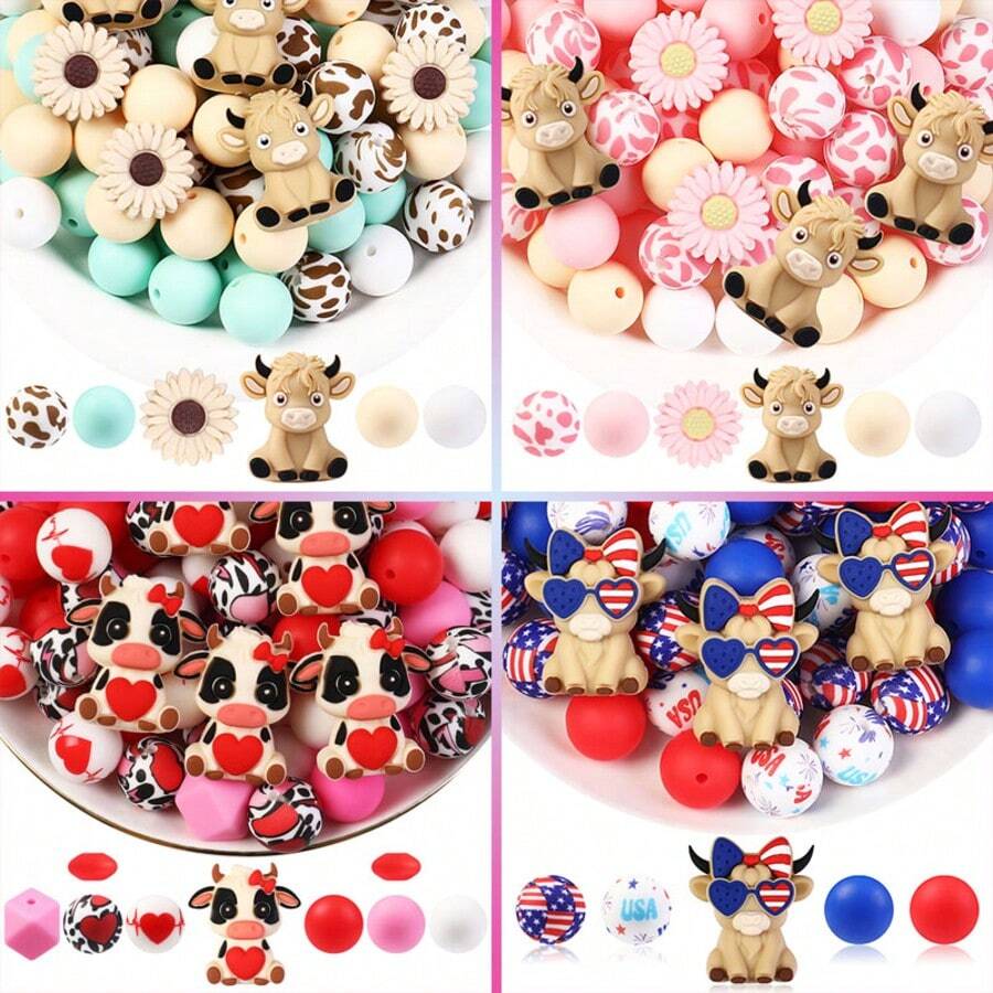 30 piezas de cuentas de silicona con forma de corazón 3D de vaca, cuentas poligonales + cuentas redondas impresas + cuentas planas, diseño de moda, adecuado para la fabricación de joyas, perfecto para pulseras DIY, cordones, accesorios para bolígrafos, decoraciones para fiestas de vacaciones, llaveros y otras manualidades - un regalo ideal para el Día de San Valentín