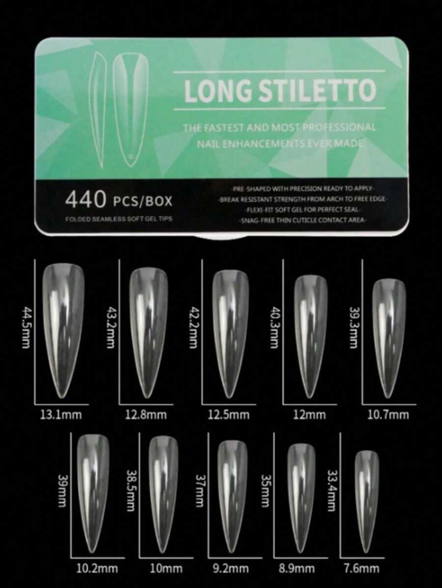 A Box Of 440 Semi-Frosted Nail Tips, Ultra-Thin Long Pointed Nail Tips, Boxed Nails - Clear - View 1