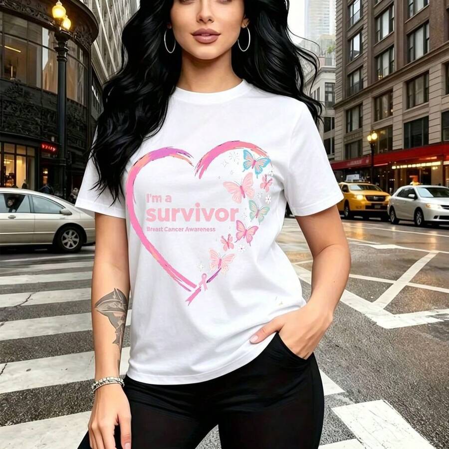 Camiseta de mujer con estampado de corazón rosa lleno de mariposas y estrellas con texto "Sobreviviente" y conciencia sobre cáncer de mama - camiseta casual de manga corta con ajuste cómodo y estilo urbano inspirador - ideal para paseos por la ciudad - Blanco - Ver 1
