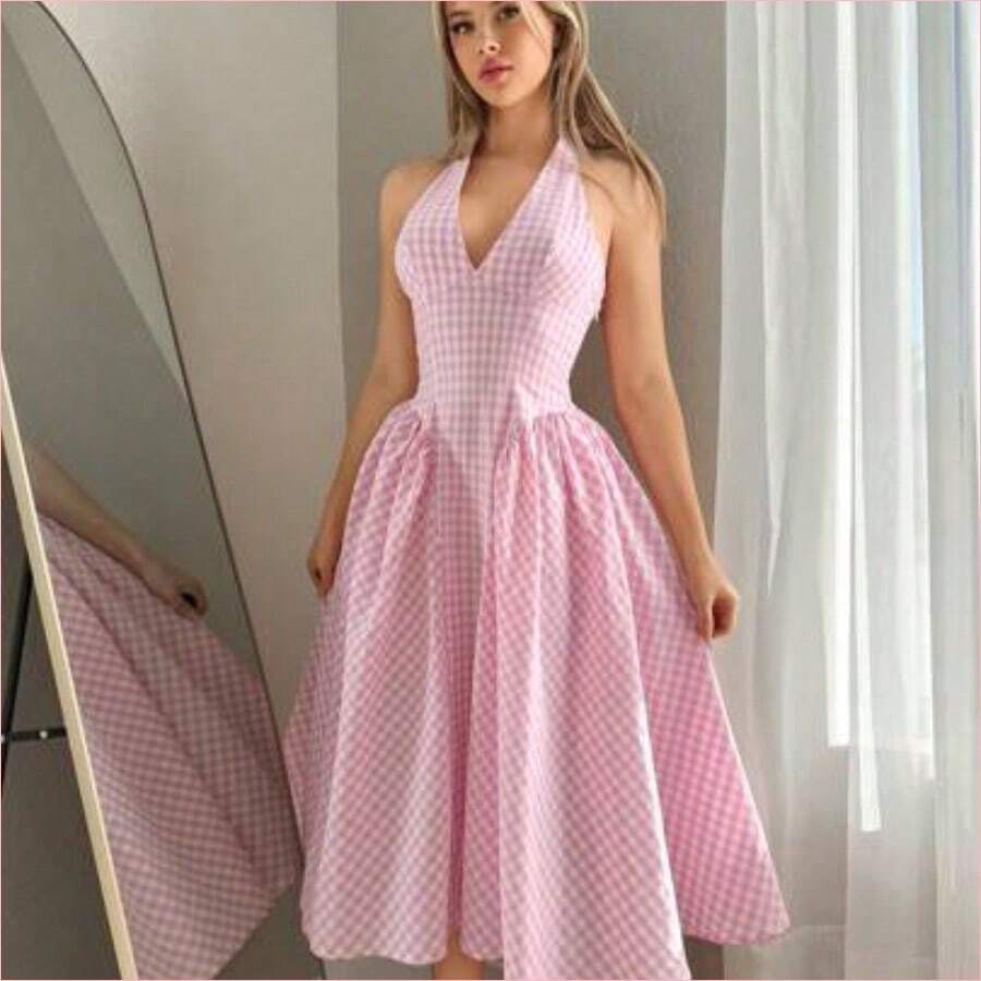 WNS Vestido casual de mujer con espalda anudada a cuadros - Rosa - Ver 1