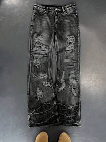 男士做旧复古靛蓝水洗喇叭牛仔裤，超长宽松喇叭裤，带破洞和扎染，版型偏大，建议选购小一码 - 灰色 - 查看 1