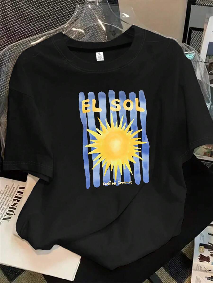 Top de mujer de cuello redondo y manga corta con estampado de acuarela del sol sobre fondo de rayas blancas, apto para todas las estaciones. - Negro - Ver 1