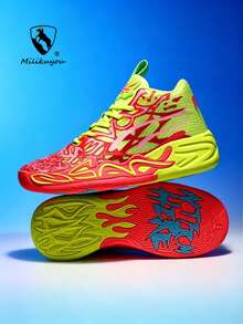 New Men's Breathable Casual Sneakers, Printed Soft Sole Driving Shoes, Non-Slip Soft Sole Casual Walking Shoes, Fashion Letter Print Casual Shoes, Daily Commute Versatile Shoes, Breathable Slip-On, Contrast Color Soft Sole Shoes, Outdoor Sports Basketball Shoes, Suitable For All Seasons - Red and Yellow 739 - View 2